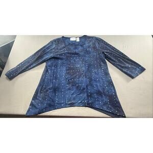 Alfred Dunner Petite Medium Navy Blue Sequin Embellished Tunic Blouse Top